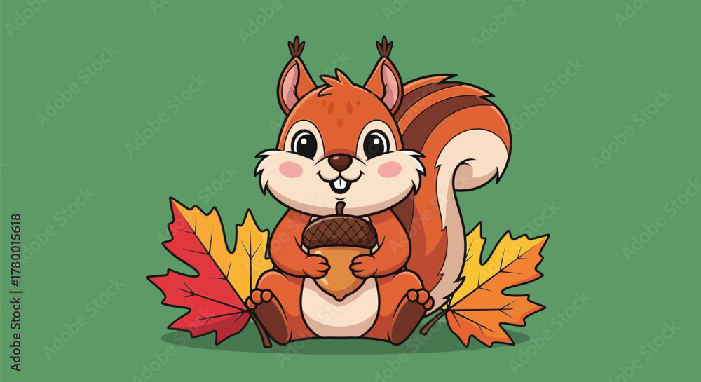 Obraz premium Cute Squirrel Holding Acorn in Autumn Leaves – Cartoon Illustration