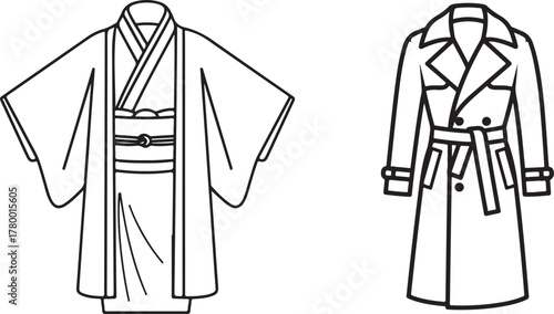 Traditional Kimono and Classic Trench Coat Line Art Icons