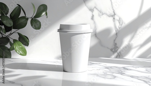 Minimalist Coffee Cup on Marble Surface with Plant Decor.