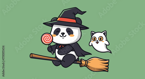 A cute cartoon panda dressed as a witch, holding a lollipop and riding a broomstick with a ghost companion.