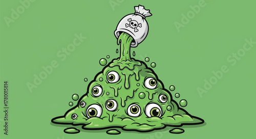 A grotesque illustration of a green, oozing pile of goo with many eyeballs pouring from a bag.