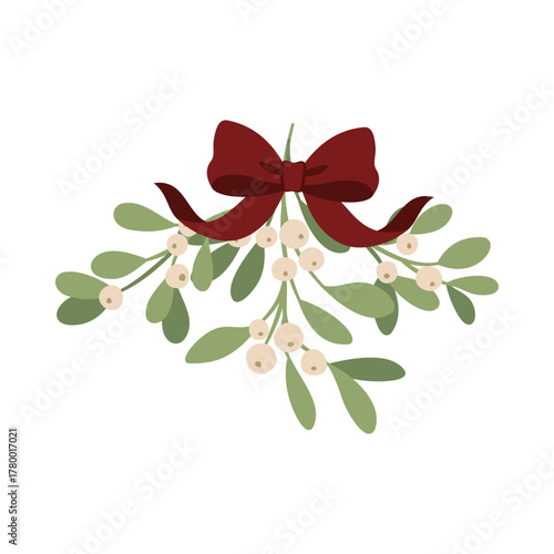 Jemioła i czerwona kokarda. Świąteczna ilustracja wektorowa.