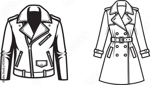 Two distinct outline fashion garments: a biker jacket and a trench coat