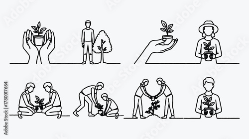 Diverse community planting trees and seedlings line art illustration style