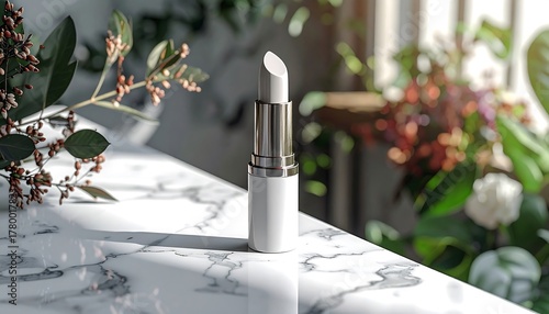Elegant white lipstick on marble surface with floral backdrop.