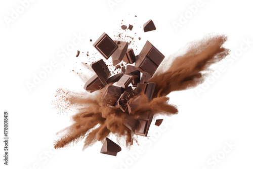 Chocolate explosion with cocoa powder isolated on transparent background