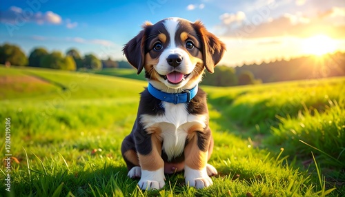 Adorable puppy sitting in a sunny green field.