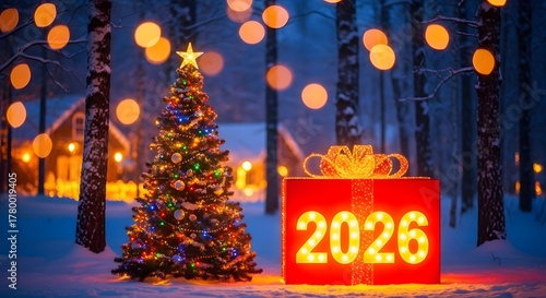 Christmas tree and 2026 gift box in snowy winter forest