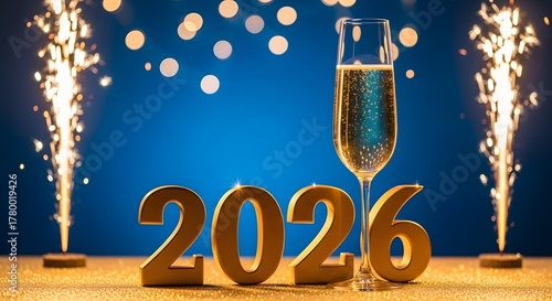 Champagne toast and fireworks celebrate the new year 2026