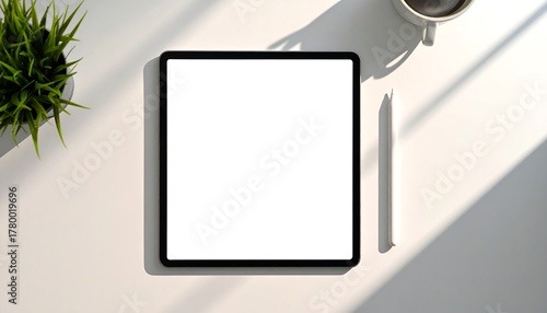 Minimalist Workspace with Tablet, Stylus, Plant, and Coffee Cup.