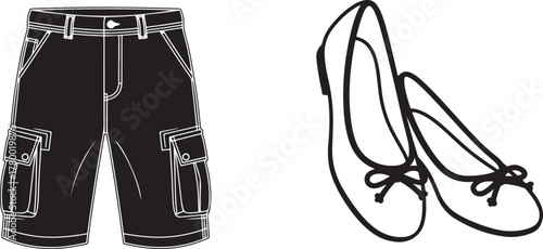Black and White Vector Outline of Cargo Shorts and Ballet Flats