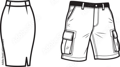Monochrome Fashion Flats: Pencil Skirt and Cargo Shorts Designs