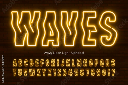 Neon light wavy alphabet, retro-futuristic extra bright letters.