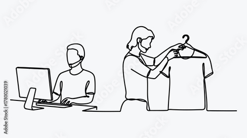 Minimalist continuous line art of remote worker and online store owner