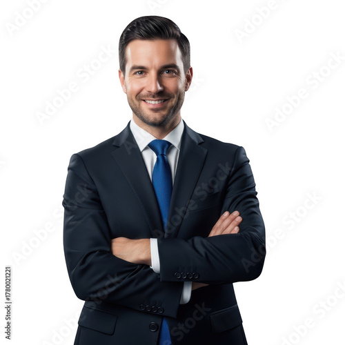 Smiling businessman in suit arms crossed isolated on transparent background