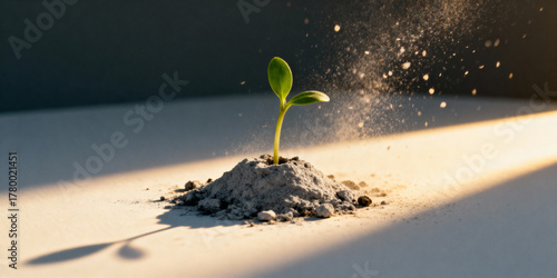 Conceptual photo of a green sprout growing from ashes, symbolizing renewal and hope.