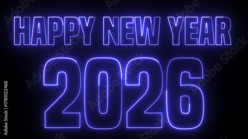 Blue Neon Happy New Year 2026 Glowing Text Animation Loop