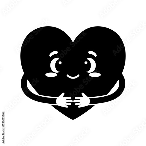 A cute black heart character with arms hugging itself, featuring a smiling face and blushing cheeks.