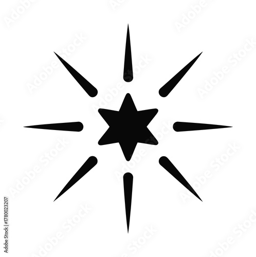 Stylized black star icon with eight radiating spikes on a white background, representing sparkle or burst.