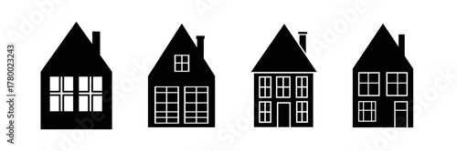 A set of four black silhouette icons of traditional houses with gabled roofs and chimneys, isolated on a white background.