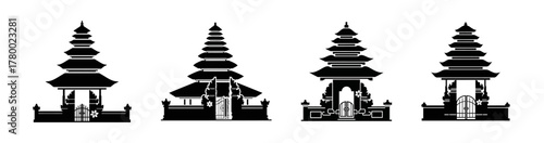 A set of four black and white silhouette icons representing traditional Balinese temples, each with tiered roofs and intricate architectural details.