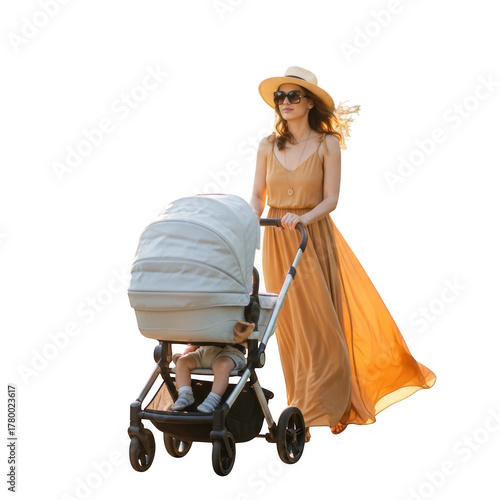 Woman pushing a baby stroller isolated on transparent background