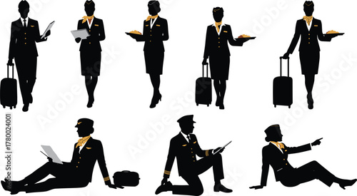 Airline crew silhouettes, pilot flight attendant vector, professional uniform pose, travel staff icons, aviation illustration, airport scene, black character design