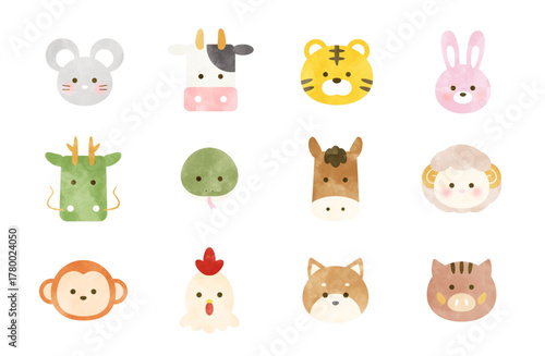 干支の動物のイラストセット（水彩風）