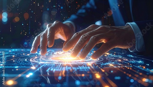 Hands interacting with a futuristic holographic interface, technology concept.