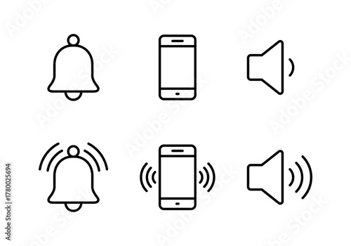 Notification bell, mobile phone, and sound speaker icon. Ringing and vibration symbol