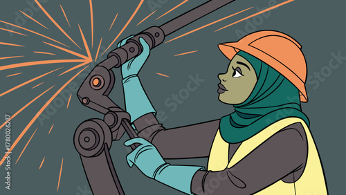 A woman in a hijab and hard hat operates a sparking robotic arm in an industrial setting.