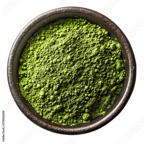 Matcha green tea powder in ceramic bowl isolated on transparent background