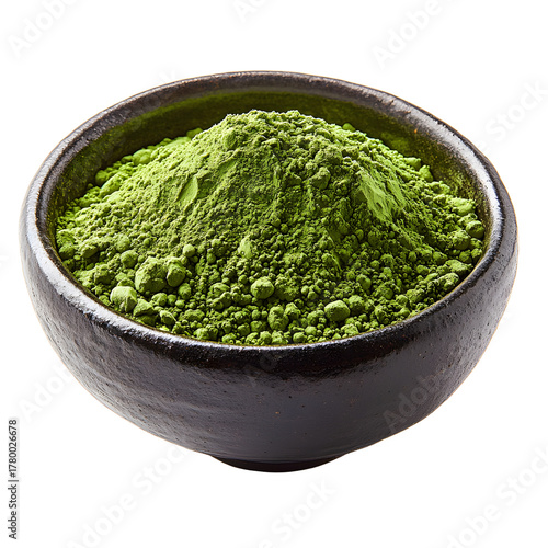 Matcha green tea powder in ceramic bowl isolated on transparent background