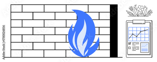 Digital firewall represented by brick wall and blue flame alongside clipboard showing analytics and a plant. Ideal for cybersecurity, firewall security, protection, analysis, IT safety, IT