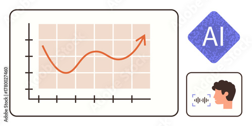 Rising trend graph, AI diamond icon, human voice recognition concept. Ideal for technology, growth tracking, innovation, data analysis, machine learning, communication artificial intelligence