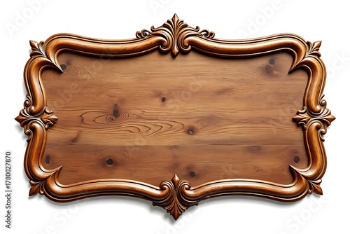 Blank wooden sign or nameplate with intricate frames isolated on white background	