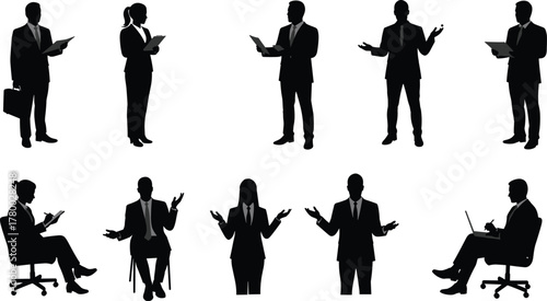 Business professionals silhouettes, corporate gestures, formal attire, workplace communication, seated and standing poses, office behavior, leadership, teamwork, strategy, presentation