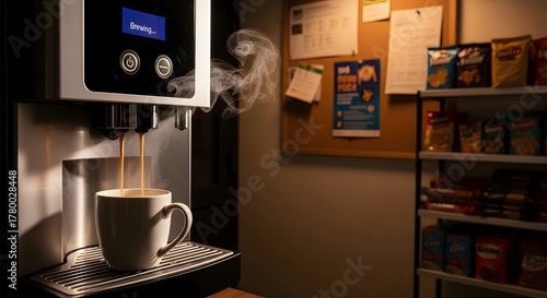 Automatic coffee machine displaying 'Brewing...' and pouring hot coffee into a white mug, with visible steam, in an office break room.