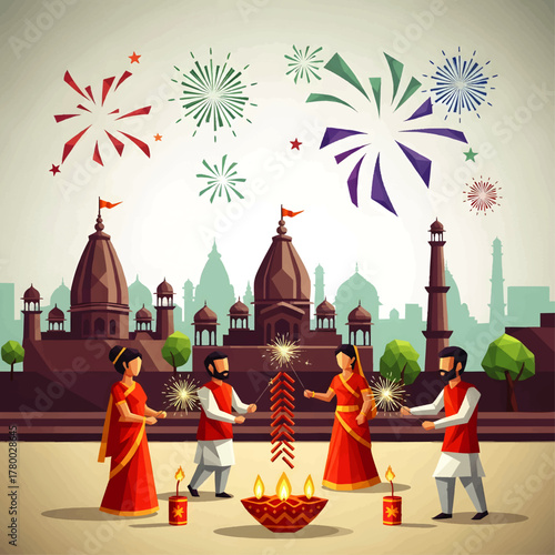 Festive illustration of a family celebrating with fireworks in front of a temple.