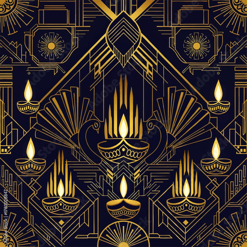 Intricate Art Deco-inspired design featuring symmetrical elements and glowing lamps.