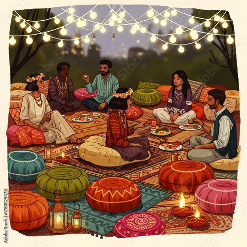 A diverse group of people enjoying a relaxed outdoor gathering, sharing food and drinks under string lights.