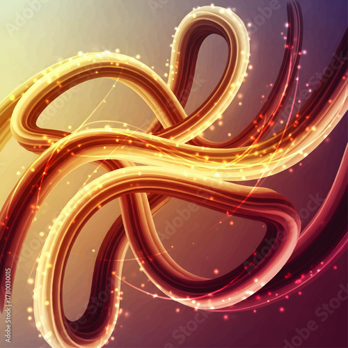 Abstract illustration featuring swirling, intertwined, illuminated tubes with glowing particles against a textured gradient background.