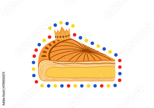 Cake slice decorated with crown and colorful dots for Epiphany celebration  