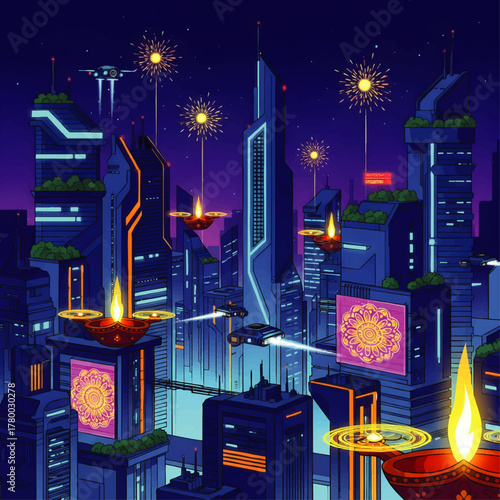 Futuristic cityscape celebrates Diwali with floating lamps, fireworks, and vibrant lights in the night sky.