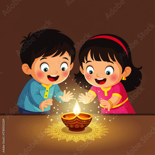 Two happy children, a boy and a girl, are gazing at a glowing diya lamp with sparkling light, celebrating a festive occasion.