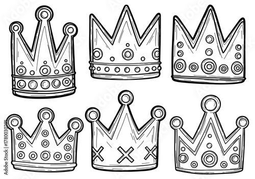 Set of decorative crowns in sketch style illustrating Epiphany symbols  