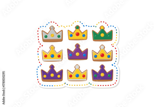 Colorful crowns decorated with jewels arranged in a grid pattern  