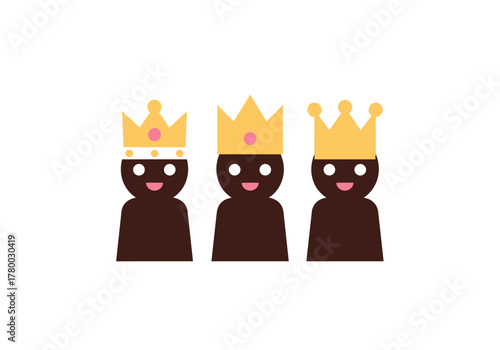 Three smiling figures wearing crowns celebrating the concept of Feast of the Epiphany  