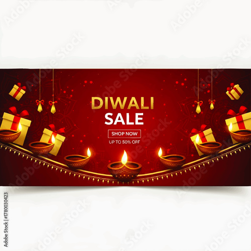 Festive Diwali Sale banner featuring glowing diyas, gift boxes, and elegant design elements.