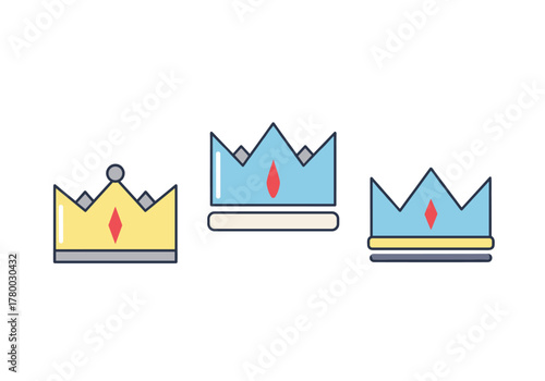 Three decorative crowns in flat design with colorful details  